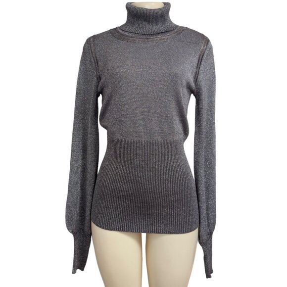 Kaily K Metallic Fleck Turtleneck Gray Ribbed Stretch Balloon Puff Sleeve Top - Picture 1 of 10
